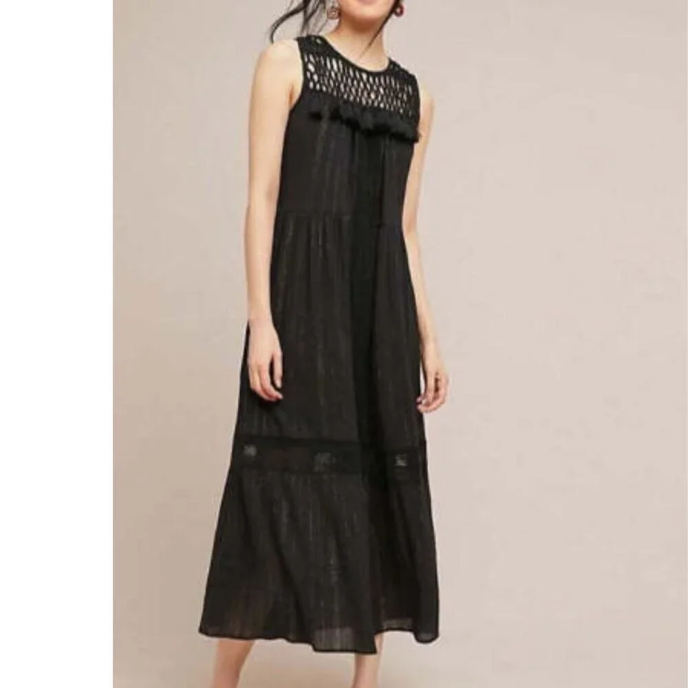 Anthropologie Maxi Dress Womens Black Sleeveless Cotton Tassel Ties Black Gold